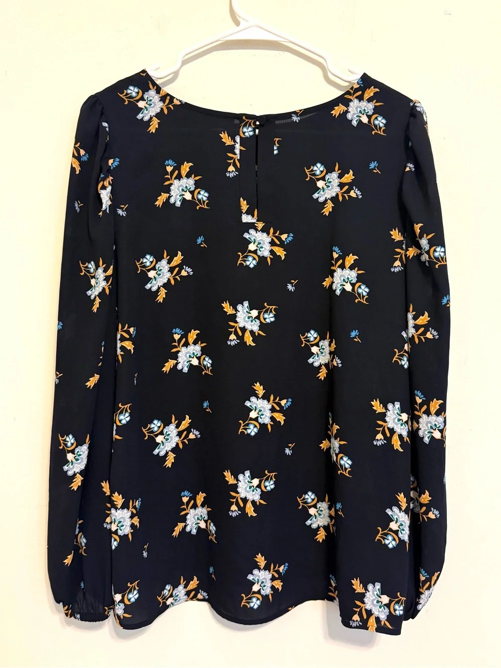 2/$30 LOFT Navy Blue Floral Long Sleeve Blouse Size Medium Puff Sleeve Boho Top